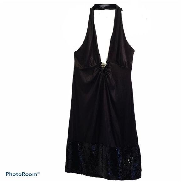 GUESS Jeans Deep V Halter Dress Size Large Black SEXY Pluge mini - Picture 1 of 7